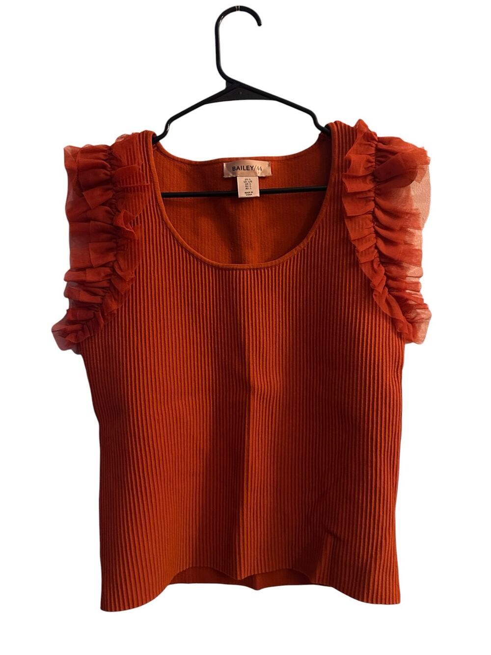 Bailey 44 Burnt Orange Chiffon Ruffle Ribbed Blouse Women Sz L